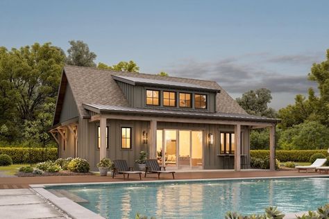 This plan would make... - Architectural Designs - House Plans Pool House Plans Guest Suite, Casitas Guest House, Pool House Guest House Combo, Pool House Floor Plans, Deep Porch, Pool Guest House, Guest House Plans, Pier House, Pool House Designs