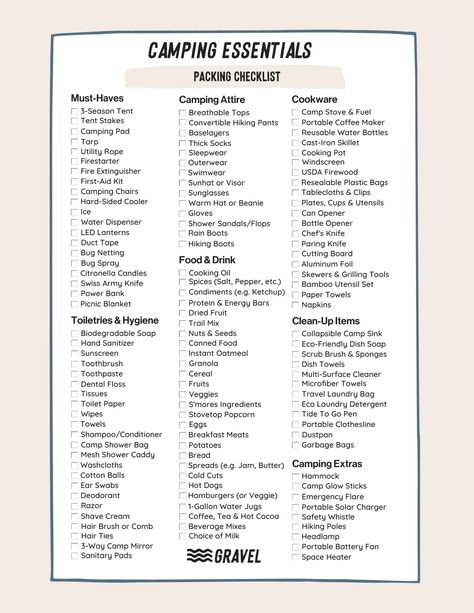 Ultimate Camping Packing List | Free Printable Checklist Printable Camping List Packing Checklist, Pack For Cabin Trip, Overnight Camping Packing List, Camping Must Haves Packing Lists, Things To Take Camping, Packing List Free Printable, Tent Camping Checklist, Camping Checklist Printable, Camping Attire