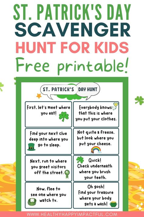 Leprechaun Scavenger Hunt, Leprechaun Hunt, Treasure Hunt For Kids, Scavenger Hunt Clues, St Patricks Day Crafts For Kids, St Patrick Day Activities, Scavenger Hunt For Kids, St Patrick's Day Decorations, Saint Patties