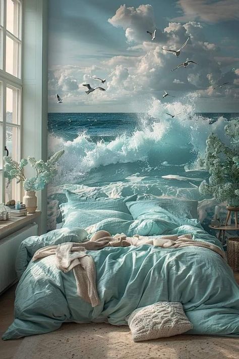 Turquoise And White Bedroom Ideas, Turquoise Decor Ideas, Different Themes For House, Dark Ocean Bedroom, Turquoise Bedrooms, White And Blue Room, Ocean Interior Design, Ocean Lighting, Teal Room Decor