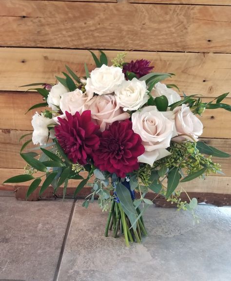 Wedding Table Top Decor Centerpiece Ideas, Dahlia And Roses Bouquet, Roses And Dahlias Bouquet, Wedd Bouquets, Rose And Dahlia Bouquet, Mulberry Wedding Flowers, Burgundy Blush Flowers, Burgundy Blush And Sage Bouquet, Marsala Wedding Bouquet