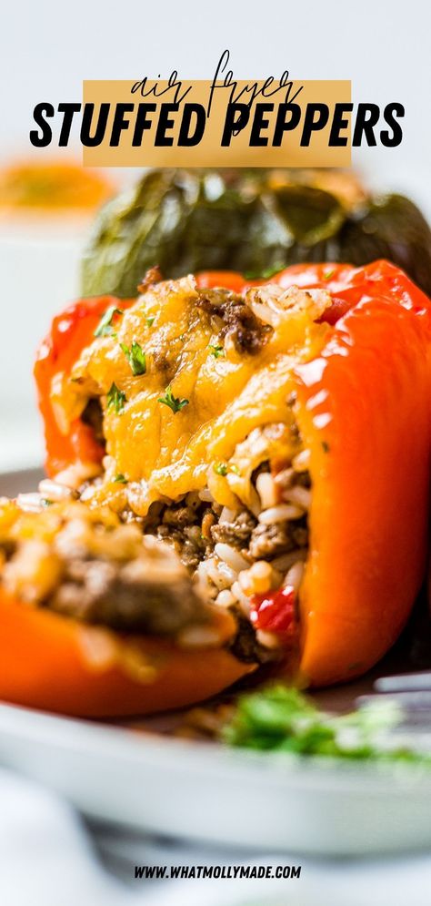 These air fryer stuffed peppers are full of healthy ingredients and take less than half the amount of time than traditionally cooked stuffed peppers. The filling is full of protein, veggies and spices and the charred peppers add so much depth of flavor.