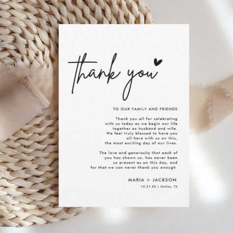 Modern Wedding Thank You Note Menu Cards Guest Thank You Note, Thank You Wedding Place Cards, Wedding Program Thank You Message, Wedding Notes From Guests Messages, Thank You Wedding Cards Messages, Wedding Thank You Notes, Thank You Cards Messages, Black Modern Wedding, Wedding Thank You Messages