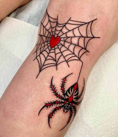 American Traditional Spider Web Tattoo American Traditional Spider Web, Traditional Spider Web Tattoo, American Traditional Spider, Egyptian Queen Tattoos, Hand Tattoo Images, Knee Tattoos, Spider Web Tattoo, Traditional Tattoo Designs, Traditional Style Tattoo