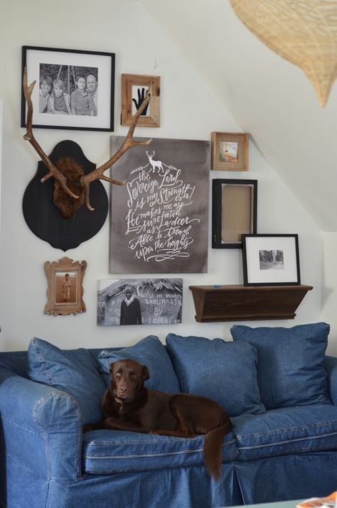 Love this space. ..denim sofa Denim Couch, Denim Sofa, Denim Furniture, Interior Design Photos, Couches Living Room, Bonus Room, Cool Rooms, White Walls, Living Room Sofa