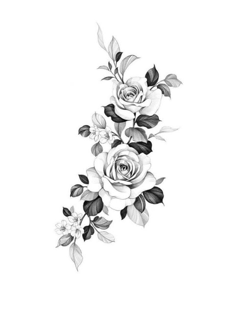 Rose Botanical Tattoo, Fineline Rose Drawing, Floral Shoulder Cap Tattoo Design, Rose Bouquet Tattoo Design, Rose Drawing Tattoo Realistic, Rose Floral Tattoo Design, Floral Tattoo Design Drawings, Realistic Floral Tattoo, Roses Drawing Tattoo