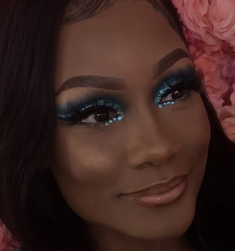 Makeup Looks For Black Women Blue, Blue Eyeshadow Looks With Rhinestones, Royal Blue And Silver Makeup Looks Prom, Makeup Ideas With Blue Dress, Turquoise Prom Makeup, Light Blue Glitter Makeup, Royal Blue Prom Makeup Look, Royal Blue And Gold Makeup, Blue Soft Glam Makeup