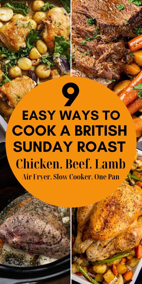 9 Lazy ways to cook a whole Sunday roast in an air fryer, slow cooker or one-tray tray bake. British Sunday roast recipe for Beef, British Sunday roast recipe for chicken, British Sunday roast recipe for Lamb. Easy ways to cook a roast in an air fryer, how to cook a whole Sunday roast dinner in a slow cooker, how to cook a whole Sunday roast in one tray in the oven Easy ways to cook Sunday roast, Sunday roast ideas, roast potatoes, roast chicken, roast beef, roast lamb, chicken dinner ideas Vegetarian Roast Dinner, British Roast Dinner, Whole Chicken Recipes Oven, Baked Whole Chicken Recipes, Lamb Roast Dinner, Roast Ideas, Sunday Roast Chicken, English Roast, Roast Dinner Recipes