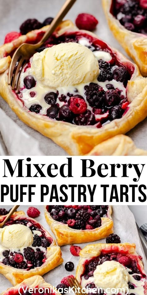 Puff pastry tartlet with mixed berries, topped with vanilla ice cream. Pastry Sheet Desserts, Berry Puff Pastry, Puff Pastry Tarts, Puff Pastry Recipes Dessert, Pastries Recipes Dessert, Pepperidge Farm Puff Pastry, Crescent Recipes, Puff Pastry Desserts, Puff Pastry Tart