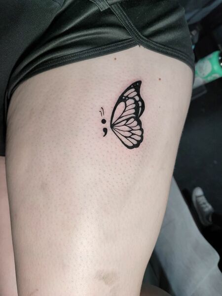 Gender Tattoo Ideas, Semi-colon Tattoo Ideas Wrist Butterfly, Semi-colon Tattoo On Thigh, Semi-colon Butterfly Tattoos, Butterfly Flower Semi Colon Tattoo, Hashimotos Tattoo, Tattoo Kupu Kupu, Butterfly Tattoo With Semicolon, Flower With Semicolon Tattoo