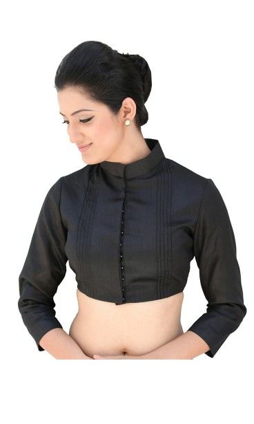 Highneck Blouse Indian Dresses, Plain Blouse Designs, Black Blouse Designs, Sari Blouses, Bollywood Glamour, Formal Saree, Blouse Designs High Neck, Blouse Ideas, Full Sleeve Blouse