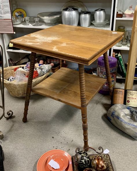 How We Refinished Our Vintage Oak Table | Laine and Layne Refurbished End Tables, Refinished End Tables, Antique End Tables, End Table Makeover, Parlor Table, Oak End Tables, Antique Side Table, Oak Side Table, Furniture Update