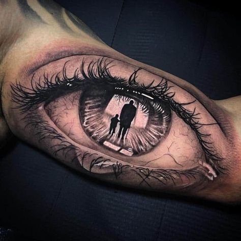 Eye Bicep Tattoo 3 Outer Bicep Tattoo Men, Realism Tattoo Ideas For Men, Ojo Tattoo, Inside Bicep Tattoo, Realistic Eye Tattoo, Stammestattoo Designs, Inside Of Arm Tattoo, Herren Hand Tattoos, Men Sketch