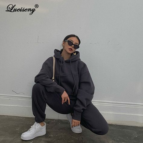 Cheap Women's Sets, Buy Quality Women's Clothing Directly from China Suppliers:LUEISENY Women Outfits Autumn Winter Women's Tracksuit Oversized Hoodie And Pants Casual Sport Suit two piece set women mujer Enjoy ✓Free Shipping Worldwide! ✓Limited Time Sale ✓Easy Return. Wide Leg Pant Suit, Oufits Casual, Bodycon Midi Skirt, Skirt And Sneakers, Black Halter Dress, Polyester Pants, Sports Sweatshirts, Tracksuit Set, Tracksuit Women