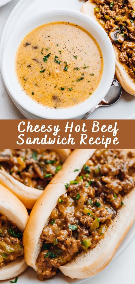 Cheesy Hot Beef Sandwich Recipe | Cheff Recipes Asian Beef Sandwich, Cheesy Hot Beef Sandwich, Beef And Cheese Sandwich, Chopped Beef Sandwich, Hot Sandwiches For Dinner, Easy Hot Sandwich Recipes, Ground Beef Sandwiches, Savoury Rolls, Hot Beef Sandwich