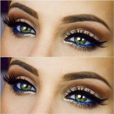 Brown smoky eye-shadow with blue eyeliner on waterline. Pretty. Makeup. Makeup Cantik, Makeup Tip, Makeup Pengantin, Blue Eyeliner, Beautiful Eye Makeup, Makijaż Smokey Eye, Colored Eyeliner, Black Eyeliner, Makeup Goals