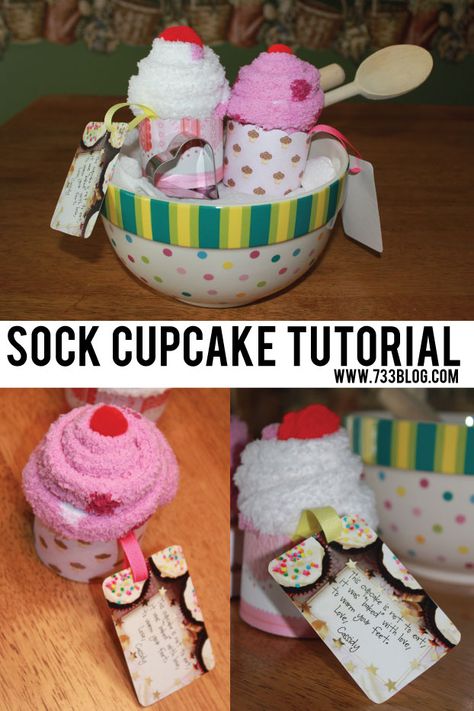 Fun and Easy Teacher Gift Idea: DIY Fuzzy Sock Cupcakes Fuzzy Sock Cupcakes, Cupcake Inspiration, Easy Teacher Gifts, Sock Cupcakes, Secret Sister Gifts, Cupcake Tutorial, Secret Sisters, Ge Bort, Diy Teacher Gifts