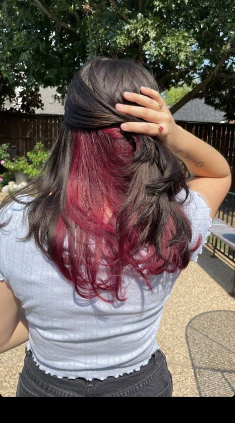 Pikaboo Hair Color Red, Under Peekaboo Hair, Wavy Peekaboo Hair, Dark Brown With Burgundy Underneath, Brown Hair With Colored Underneath, Red Peakaboo Brown Hair, Black Cherry Underneath Hair, Under Pieces Dyed Hair, Dark Red Hair Color Underneath