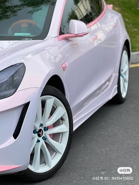 Tesla Pink Car, Pink Toyota 4runner, White Car With Pink Accents, Light Pink Car Interior, Light Pink Car Wrap, Pink Prius, White And Pink Car, Light Pink Car, Car Wrap Ideas