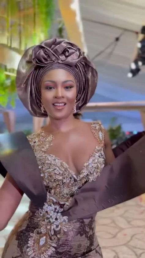 African Traditional Wedding Dress 2022, African Lace Styles Traditional Weddings Purple, Black Gele Aso Ebi, Asoke Gele Styles For Asoebi, Coffee Brown Lace Asoebi Styles, Brown Asoebi Lace Styles, Gold Lace Styles, Nigerian Wedding Dresses Traditional Yoruba, Brown Asoebi Styles