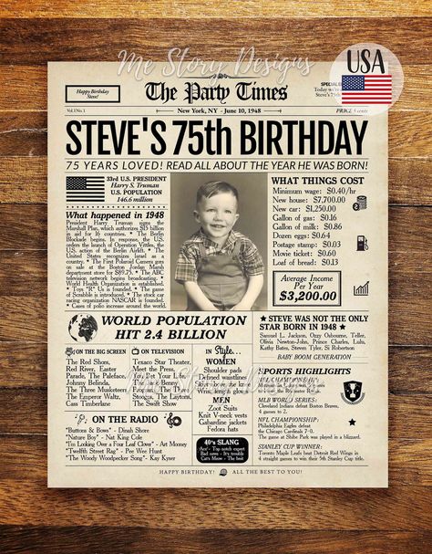 75th Birthday Newspaper Sign Back in 1948 Poster Gift for - Etsy 75th Birthday Decorations, 75 Birthday, Happy Birthday Steve, Birthday Newspaper, Newspaper Poster, 75th Birthday Parties, 75th Birthday Gifts, Dad's Birthday, 80th Birthday Party