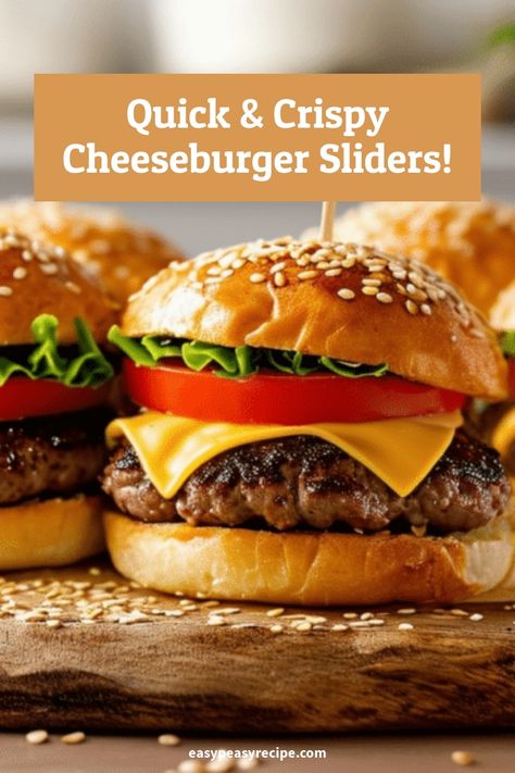 Close-up of delicious cheeseburger sliders with lettuce, tomato, and cheese on a wooden board. Air Fryer Sliders Recipes, Deli Sliders, Air Fryer Sliders, Air Fryer Cheeseburger, School Cookies Recipe, Mini Burger Buns, Hamburger Sliders, Easy Zucchini Recipes, Cheeseburger Sliders