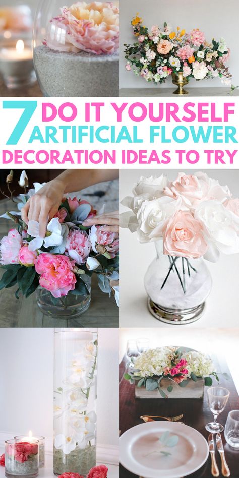 Beautiful DIY Artificial Flower Decoration Ideas for your home. Learn how to make simple bridal bouquets for a wedding, wall art for home decor and wreaths for front doors using silk flowers and artificial flowers. These great ideas for artificial flowers for home decorations will change the look of your home on a budget! #silkflowers #diyhomedecor #diyhomedecoronabudget #flowerdecor #flowerdecorations Fake Flower Centerpieces, Flower Decoration Ideas, Fake Flowers Decor, Artificial Decoration, Do It Yourself Decoration, Artificial Flowers Decor, Fake Flower Arrangements, Diy Bridal Bouquet, Simple Wedding Flowers