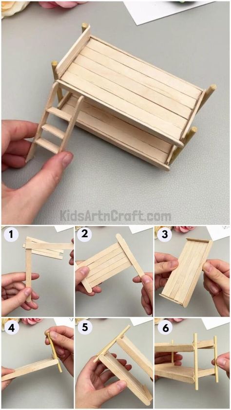 Popsicle Stick Miniature House, Dolls House Diy Furniture, Small Popsicle Stick House, Miniature Furniture Diy Tutorials, Diy Dollhouse Furniture Easy Popsicle Sticks, Popsicle Stick Crafts House Easy, Dollhouse Diy Furniture, Diy Miniature Furniture, Doll Furniture Tutorial