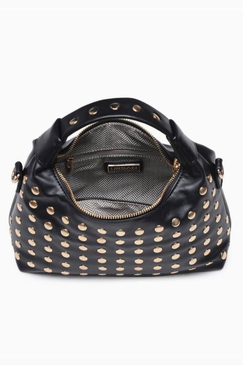 Add a touch of attitude to your wardrobe with this studded crossbody handbag. Made from soft vegan leather, it features a convenient zip top closure and multiple pockets for all your essentials. Perfect for everyday use, this bag adds a playful edge to any outfit. Measures 10.75" x 3.5" x 8.5" Dream Bags, Studded Purse, Studded Bag, Pretty Bags, Dressed To Kill, Christmas Wishlist, Black Cross Body Bag, Fall 2024, Fit Inspo