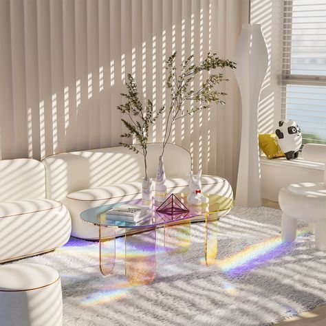 Description: 【Iridescent Acrylic Table】Clear acrylic table with a distinctive iridescent multicolored finish, it boasts ever-changing hues that shift depending on the light sources, angles, and positions of the viewer, looks both creative and classy, when the sunlight hits the table just right, it will cast a beautiful rainbows and make the living space eye-catching and visually pleasing【Iridescent Side Table】Iridescent design giving this side table a glamorous gleam and a cool look, sure to cap Iridescent Living Room, Iridescent Furniture, Iridescent Interior, Iridescent Table, Acrylic End Table, Iridescent Decor, Iridescent Design, Emprendimiento Ideas, Iridescent Acrylic