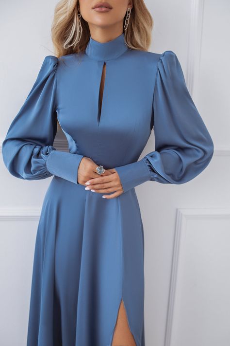 Colorful Silk Dress, Long Sleeve Light Blue Dress, Long Sleeve Blue Dress, High Neck Long Sleeve Dress, French Clothes, Elegant Silk Dresses, Long Sleeve Maxi Dresses, Sateen Dress, Sky Blue Dress