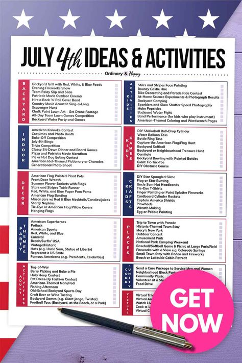 a printable list of 100 july 4th ideas and activities with a pen on an american flag background 4th Of July Nursing Home Activities, 4th Of July Bucket List, 4th Of July Activities For Teens, Fourth Of July Things To Do, 4th Of July Ideas For Teens, 4th Of July Activities For Adults, 4th Of July Things To Do, 4th Of July Activities, Patriotic Activities