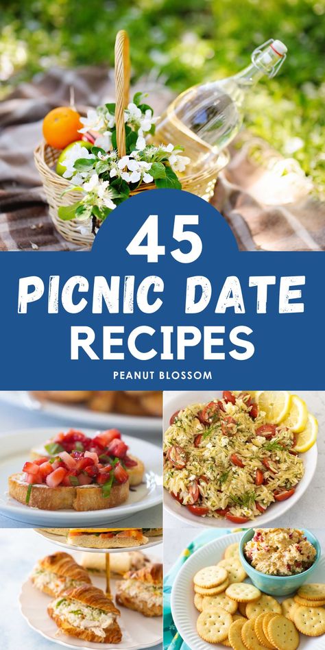 45 easy recipes for amazing romantic picnic date ideas. Impress your special someone with these grown up finger foods, small bites, and fresh seasonal snacks to linger over during a relaxing picnic at an outdoor concert. Brunch Picnic Recipes, Cute Picnic Food Recipes, Picnic Finger Foods Simple, Anniversary Picnic Ideas Food, Dinners To Pack On The Go, Outdoor Concert Picnic Ideas, Tanglewood Picnic Ideas, Picnic Food Ideas Dinner, Outdoor Concert Food Ideas