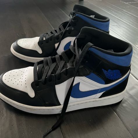 Hi I’m Selling Jordan 1 Mid White Black Racer Blue In A Size 10 Men’s With Leather Material, Brand New And With Box Cute Blue Shoes, Nike Shoes Jordan, Shoes Jordan 1, Jordan Mid, Nike Shoes Women Fashion, Jordan 1 Mid White, Pretty Sneakers, Nike Jordan 1, Blue Jordans