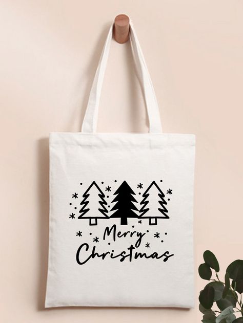 Black and White Preppy Collar  Fabric Christmas Shopper Bag Embellished   Women Bags Christmas Canvas Bags, Christmas Tote Bags Diy, Tote Bag Cricut Ideas, Christmas Bag Ideas, Christmas Totes, Tote Bags Design, Tree Slogan, Tote Bag Business, Winter Tote