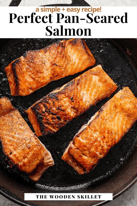 Pan Seared Salmon - Our Pan Seared Salmon recipe is so easy and makes for a healthy and delicious weeknight dinner! Enjoy any way you want! #pansearedsalmon #pansearedsalmonrecipes #pansearedsalmonwithskin #pansearedsalmonrecipeseasy Salmon Recipes In Pan, Crispy Pan Seared Salmon, Best Pan Seared Salmon, Pan Grilled Salmon Recipes, Pan Salmon Recipes Easy, Pan Grilled Salmon, Pan Fry Salmon With Skin, Fry Salmon Recipes Pan, Easy Salmon Recipes Pan Seared