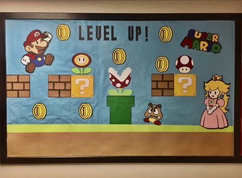 Paper Mario Level Up bulletin board! Mario Level, Up Bulletin Board, Mario Und Luigi, Mario Crafts, Bulletin Board Paper, Board Games Diy, Library Bulletin Boards, Super Mario Birthday Party, School Doors