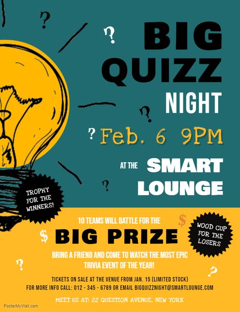 Big Quiz Night Event Poster Template Quiz Poster Design Ideas, Quiz Design Ideas, Event Announcement Poster Design, Announcement Poster Layout, Quiz Night Poster, Social Event Ideas, Trivia Poster, Quiz Poster, Event Ads