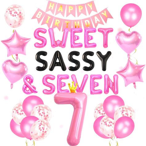 PRICES MAY VARY. Enjoy our Sweet Sassy & Seven Birthday Decoration. Very suitable for summer party, 7th birthday party! Our Sweet Sassy & Seven Party Supplies will make your party more interesting and immerse your family and guests in an unforgettable experience with value for money. Have a party with your friends! Our kindness towards your birthday party supplies will impress your friends. You will get: 1 x Sweet Sassy & Seven letter balloons, 2 x pink star balloons, 2 x pink hearts, 20 x latex 7th Birthday Theme Girl, 7year Birthday Party Ideas, Seventh Birthday Theme, 7 Year Birthday Party Ideas Girl, Happy 7th Birthday Girl, Girls 7th Birthday Party Ideas, Sweet Sassy And Seven Birthday, 7th Birthday Girl Ideas, 7th Birthday Party For Girls