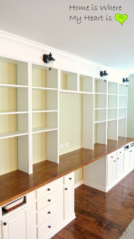 built-in-desk-and-bookcase-home-is-where-my-heart-is-featured-on-remodelaholic-449x800 Bookcase Diy, Build A Wall, Dream Craft Room, Craft Room Design, Muebles Living, Bookshelves Diy, Empty Room, Craft Room Storage, Built In Bookcase