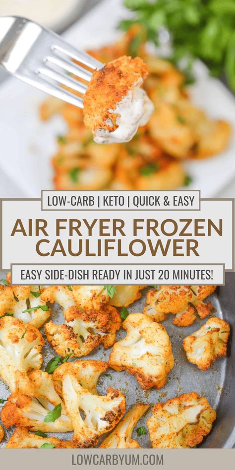 Frozen cauliflower in the air fryer is a quick and easy recipe to make any day of the week! This veggie-based recipe is keto-friendly, packed full of flavorful seasonings, and ready in just 20 minutes. Air Fryer Frozen Cauliflower Recipes, Quick Cauliflower Recipes, Cauliflower In Air Fryer, Air Fried Vegetable Recipes, Frozen Cauliflower Recipes, Frozen Vegetable Recipes, Air Fryer Recipes Cauliflower, Frying Recipes, Air Fryer Recipes Low Carb