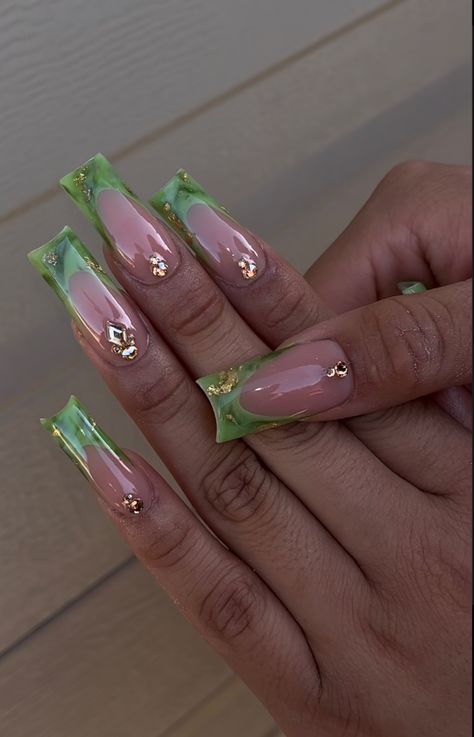 Green Nails With Gems, Taurus Birthday Nails, Jade Nails Designs, Classy Acrylic, Nails Extra, Green Acrylic Nails, Acrylic Toe Nails, Her Nails, Nail Sets