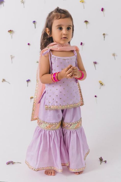 Lavender kurta embellished with sequin butti and lace. Comes with gharara and dupatta. - Aza Fashions