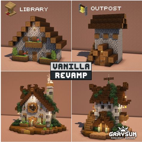 Cool Minecraft Village Houses, Cute Minecraft Village Layout, Minecraft Villages Blueprints, Minecraft Library House Ideas, Village Houses Minecraft Ideas, Minecraft Villager House Ideas Easy, Village Remodel Minecraft, Birch Village Minecraft, Minecraft Village Bridge