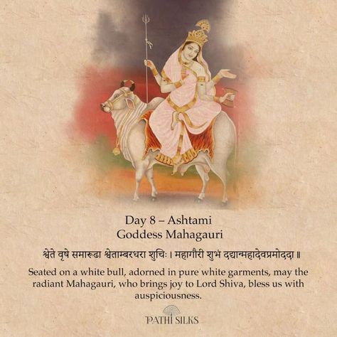 Day 8 celebrates Mahagauri, the goddess of purity and tranquility. Her radiance symbolizes peace, serenity, and the purification of the soul. Today, as we honor Mahagauri, let her divine light cleanse our hearts and minds, bringing us closer to inner harmony and peace. #NavaratriDay8 #Mahagauri #pathisilks Inner Harmony, Divine Light, Heart And Mind, The Goddess, Lord Shiva, The Soul, This Is Us, Bring It On, Pure Products