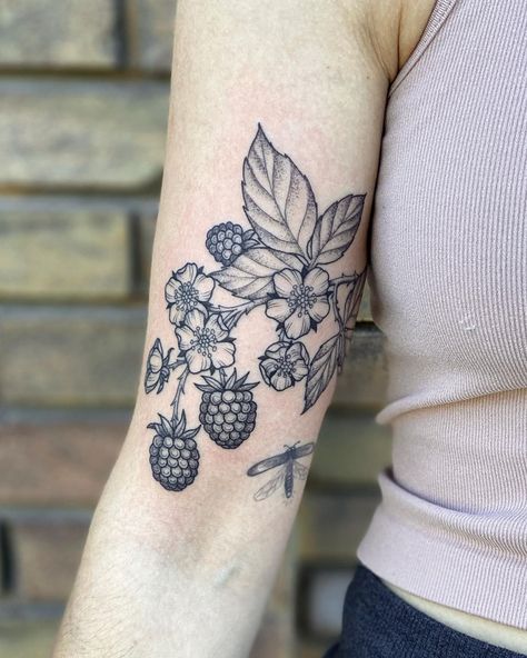 Blackberry Tattoo, Left Arm Tattoos, Strawberry Tattoo, Whimsical Tattoos, Wrap Tattoo, Upper Arm Tattoos, Vine Tattoos, Floral Tattoo Sleeve, Plant Tattoo