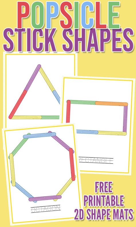 Printable 2D Shapes Building Mats: Popsicle Stick Shapes 1st Grade Shapes Activities, Outdoor Shapes Activities Preschool, Two Dimensional Shapes Activities, Popsicle Sticks Activities Preschool, Shape Sheets Free Printable, Triangle Practice Preschool, 2d Shape Lessons, Shape Art Preschool Activities, Shapes And Sizes Preschool