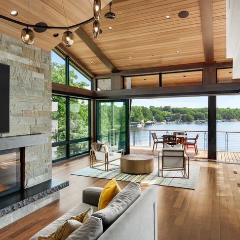 75 Vaulted Ceiling Living Room Ideas You'll Love - July, 2023 | Houzz Off Center Vaulted Ceiling, Vaulted Ceiling Living Room Ideas, Vaulted Ceiling Great Room, Ceiling Living Room Ideas, Lakehouse Remodel, Tall Ceiling Living Room, Vaulted Ceiling Beams, Cathedral Ceiling Living Room, Vision 2023