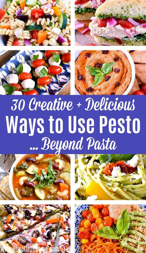 Wondering how to use Pesto Sauce? Learn how to make Pesto get over 30 Pesto Recipe Ideas that go beyond pasta! Tons of ideas for cooking with Pesto: appetizers, soups, salads, main dishes, and more! Your whole family will love these healthy, vegetarian friendly recipes using Pesto. Find ways to use Pesto for breakfast, lunch, dinner, and beyond! | Hello Little Home #pesto #pestorecipe #pestosauce #vegetarian #vegetarianfood #vegetarianrecipes #plantbased #plantbasedrecipes #basil #basilpesto Ways To Use Pesto, Pesto Recipes Dinner, Pistou Recipe, Recipes Using Pesto, Pesto Appetizers, Pesto Uses, Pesto Dishes, Ideas For Cooking, Pesto Sauce Recipe