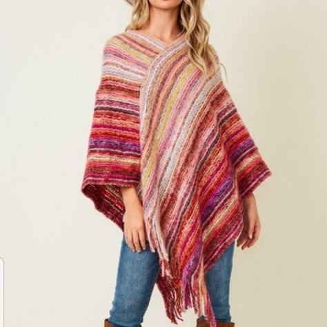 Size:One Size Fits Most(2) Shades Of Pink And Gray Color Nwt This Soft, 100% Acrylic Knit Poncho With Pink And Multicolor Stripes That Artfully Swirl Around The Body. Light, Warm And Finished With Fringe, This Poncho Makes An Excellent Layering Piece. 36" L X 38" W Fringe: 5" L This Item Has Been Made With Fibers That Are Soft To The Touch. 100% Acrylic Poncho Outfit, Boho Poncho, Knit Poncho Sweater, Fluffy Yarn, Fringed Poncho, Outerwear Outfit, Poncho Sweater, Knitted Poncho, Sweater Material